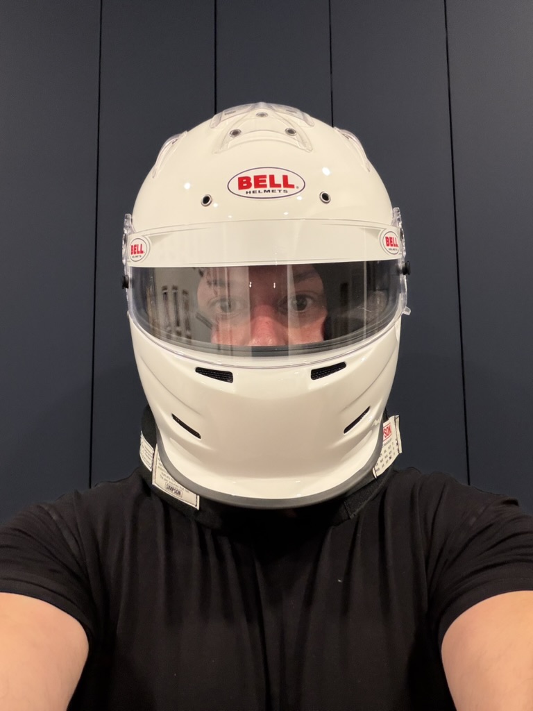 Alan Rhode wearing a racing helmet before an autocross run