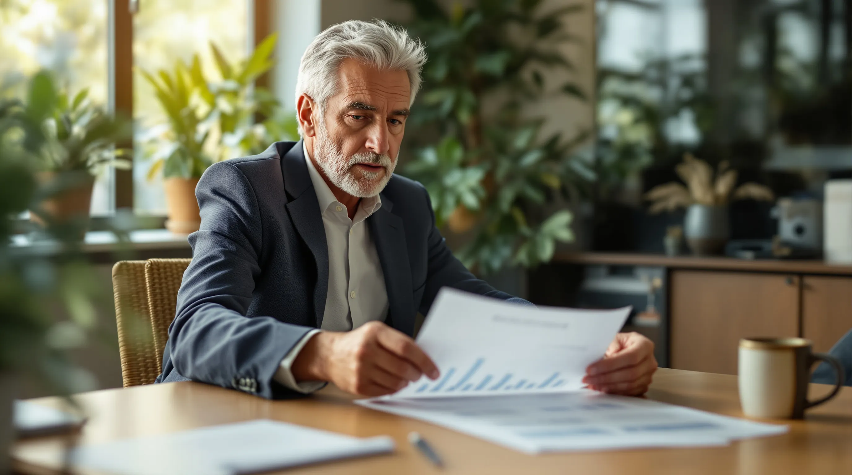Business owner reviewing retirement income projections and exit planning documents at a desk
